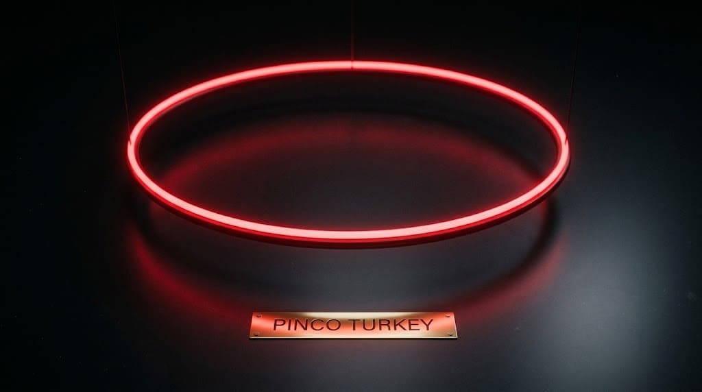 Karanlıkta asılı kırmızı neon halka ve PINCO TURKEY pirinç plaka